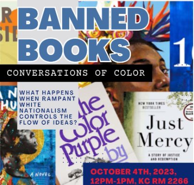 A collage of books that cover stories about marginalized people. It is titled Banned Books, subtitled Conversations of Color. There is date information and a small description.